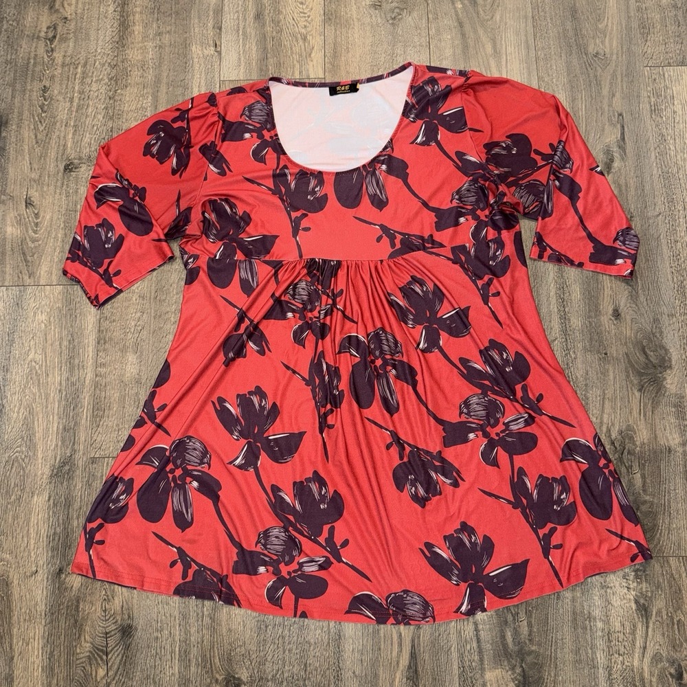R&B Collection Swing Dress Women's Plus Size 3X Red Spring Floral 3/4 Sleeves